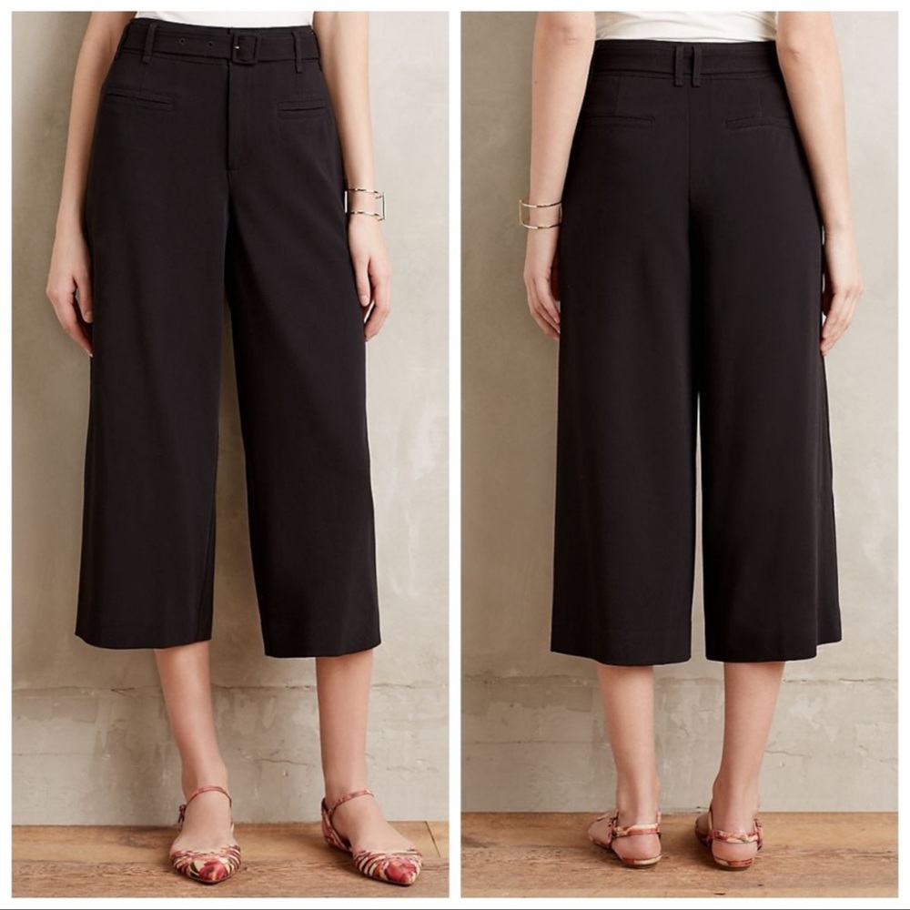 Anthropologie The Essential Culottes Black Solid w/ Belt Cropped K22